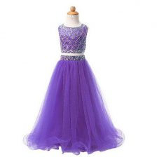 Dazzling Scoop Floor Length Lavender Flower Girl Dresses for Less Organza Sleeveless Beading