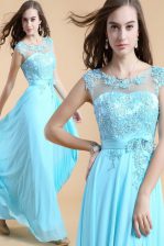  Scoop Sleeveless Floor Length Appliques Zipper Evening Dress with Aqua Blue