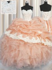  Floor Length Peach Sweet 16 Quinceanera Dress Organza Sleeveless Appliques and Ruffles and Pick Ups