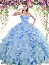 Suitable Blue Sleeveless Organza and Taffeta Lace Up Quinceanera Gown for Military Ball and Sweet 16 and Quinceanera