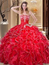  Ball Gowns Sweet 16 Dress Coral Red Sweetheart Organza Sleeveless Floor Length Lace Up