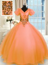 Eye-catching Orange Lace Up Sweet 16 Quinceanera Dress Appliques Short Sleeves Floor Length