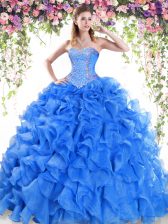 Flirting Blue Ball Gowns Beading and Ruffles Vestidos de Quinceanera Lace Up Organza Sleeveless