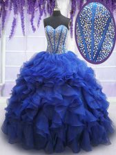  Royal Blue Ball Gowns Beading and Ruffles Quinceanera Gowns Lace Up Organza Sleeveless Floor Length