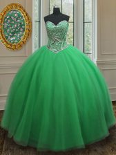  Green Tulle Lace Up Sweetheart Sleeveless Floor Length 15th Birthday Dress Beading