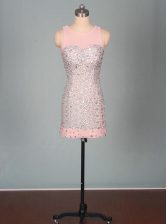 Dynamic Scoop Sleeveless Prom Gown Mini Length Beading Pink Elastic Woven Satin