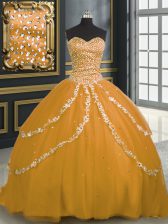 Smart Gold Tulle Lace Up Quinceanera Dress Sleeveless With Brush Train Beading and Appliques