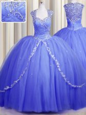 Captivating Zipper Up Blue Ball Gowns Tulle Sweetheart Cap Sleeves Beading and Appliques With Train Zipper Vestidos de Quinceanera Brush Train