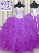  Sleeveless Floor Length Beading and Ruffles Lace Up Sweet 16 Dress with Lilac