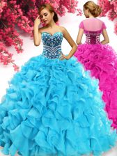  Aqua Blue Lace Up Quinceanera Gowns Beading and Ruffles Sleeveless Floor Length