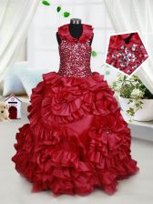 Low Price Halter Top Wine Red Ball Gowns Beading and Ruffles and Sequins Little Girls Pageant Gowns Zipper Taffeta Sleeveless Floor Length