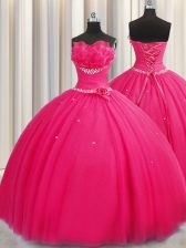  Handcrafted Flower Floor Length Hot Pink Quinceanera Dress Tulle Sleeveless Beading and Sequins and Hand Made Flower