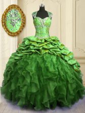 Hot Selling Cap Sleeves Floor Length Beading and Ruffles and Pick Ups Lace Up Quince Ball Gowns