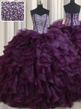 Pretty Dark Purple Ball Gowns Sweetheart Sleeveless Organza Floor Length Lace Up Beading and Ruffles Sweet 16 Dresses