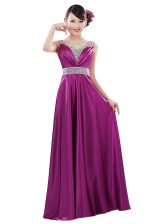 Designer Floor Length Fuchsia Evening Dress V-neck Sleeveless Zipper