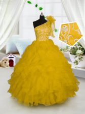  One Shoulder Sleeveless Little Girl Pageant Gowns Floor Length Embroidery and Ruffles Gold Organza