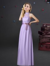  Lavender Empire Halter Top Sleeveless Chiffon Floor Length Lace Up Lace and Belt Quinceanera Court of Honor Dress