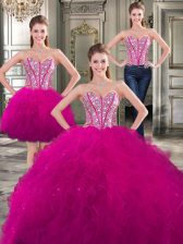  Three Piece Fuchsia Sweetheart Lace Up Beading and Ruffles Ball Gown Prom Dress Sleeveless