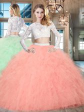 Glamorous Scoop Beading and Lace and Ruffles Quinceanera Gowns Watermelon Red Zipper Long Sleeves Floor Length