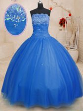 Super Tulle Strapless Sleeveless Lace Up Beading Quinceanera Dresses in Blue