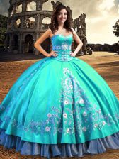 Beauteous Sweetheart Sleeveless Quinceanera Gowns Floor Length Embroidery Aqua Blue Taffeta