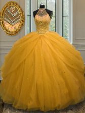 Top Selling Ball Gowns 15 Quinceanera Dress Gold Halter Top Tulle Sleeveless Floor Length Lace Up