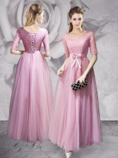 Deluxe Scoop Half Sleeves Lace Up Floor Length Lace and Ruching and Bowknot Prom Party Dress