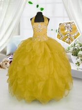 Adorable Organza Halter Top Sleeveless Lace Up Beading and Ruffles Little Girls Pageant Dress in Gold