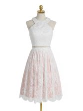 Simple Halter Top Lace Knee Length Zipper Prom Dress Pink And White for Prom with Beading