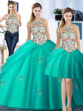 Stylish Three Piece Turquoise Ball Gowns Halter Top Sleeveless Tulle Floor Length Lace Up Embroidery and Pick Ups Quinceanera Gowns