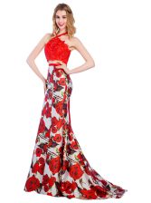  Halter Top Printed With Train Mermaid Sleeveless Multi-color Prom Party Dress Brush Train Zipper