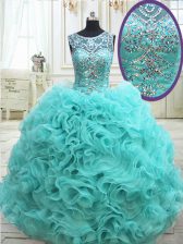  Scoop See Through Fabric with Rolling Flowers Sleeveless Beading Lace Up Vestidos de Quinceanera