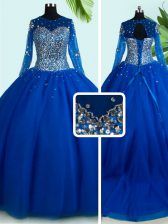 Enchanting Scoop Royal Blue Long Sleeves Brush Train Beading With Train Sweet 16 Dresses