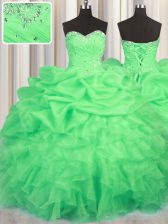 Luxury Pick Ups Floor Length Ball Gowns Sleeveless Green Quinceanera Gowns Lace Up