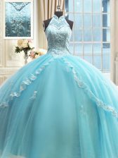  Halter Top Floor Length Lace Up Quinceanera Gown Aqua Blue for Military Ball and Sweet 16 and Quinceanera with Beading and Lace and Appliques