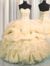  Visible Boning Champagne Sleeveless Floor Length Beading and Ruffles and Pick Ups Lace Up Ball Gown Prom Dress