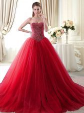 Hot Selling Red Lace Up Sweetheart Beading Quinceanera Dress Tulle Sleeveless Brush Train