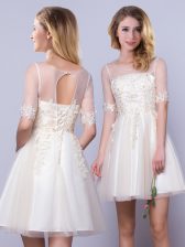  Champagne Lace Up Scoop Appliques Dama Dress for Quinceanera Tulle Half Sleeves