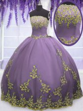  Floor Length Zipper Quinceanera Gown Lavender for Military Ball and Sweet 16 and Quinceanera with Appliques