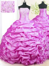 Discount Strapless Sleeveless Quinceanera Gowns With Train Sweep Train Beading and Pick Ups Lilac Taffeta
