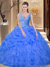 Fantastic Pick Ups V-neck Sleeveless Backless Sweet 16 Dresses Blue Organza