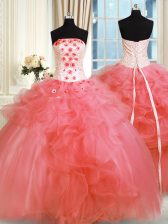 Traditional Pick Ups Strapless Sleeveless Lace Up Quinceanera Dress Watermelon Red Tulle