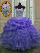  Sleeveless Floor Length Beading and Ruffles and Pick Ups Lace Up Quinceanera Gowns with Lavender