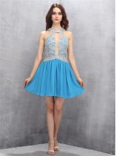  Halter Top Mini Length Zipper Homecoming Dress Baby Blue for Prom and Party with Beading and Bowknot