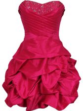  Hot Pink Ball Gowns Taffeta Sweetheart Sleeveless Ruching Mini Length Lace Up Dress for Prom