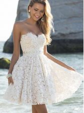 Dramatic White A-line Lace Prom Party Dress Zipper Lace Sleeveless Mini Length