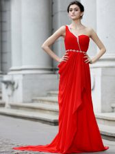  One Shoulder Red Sleeveless With Train Beading and Ruching Zipper Prom Dress
