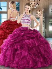  Scoop Pick Ups Floor Length Two Pieces Sleeveless Fuchsia Vestidos de Quinceanera Backless