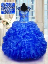 Elegant Royal Blue Cap Sleeves Organza Lace Up 15 Quinceanera Dress for Military Ball and Sweet 16 and Quinceanera