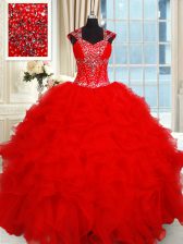 Deluxe Red Organza Backless Sweetheart Cap Sleeves Floor Length Sweet 16 Dress Beading and Ruffles